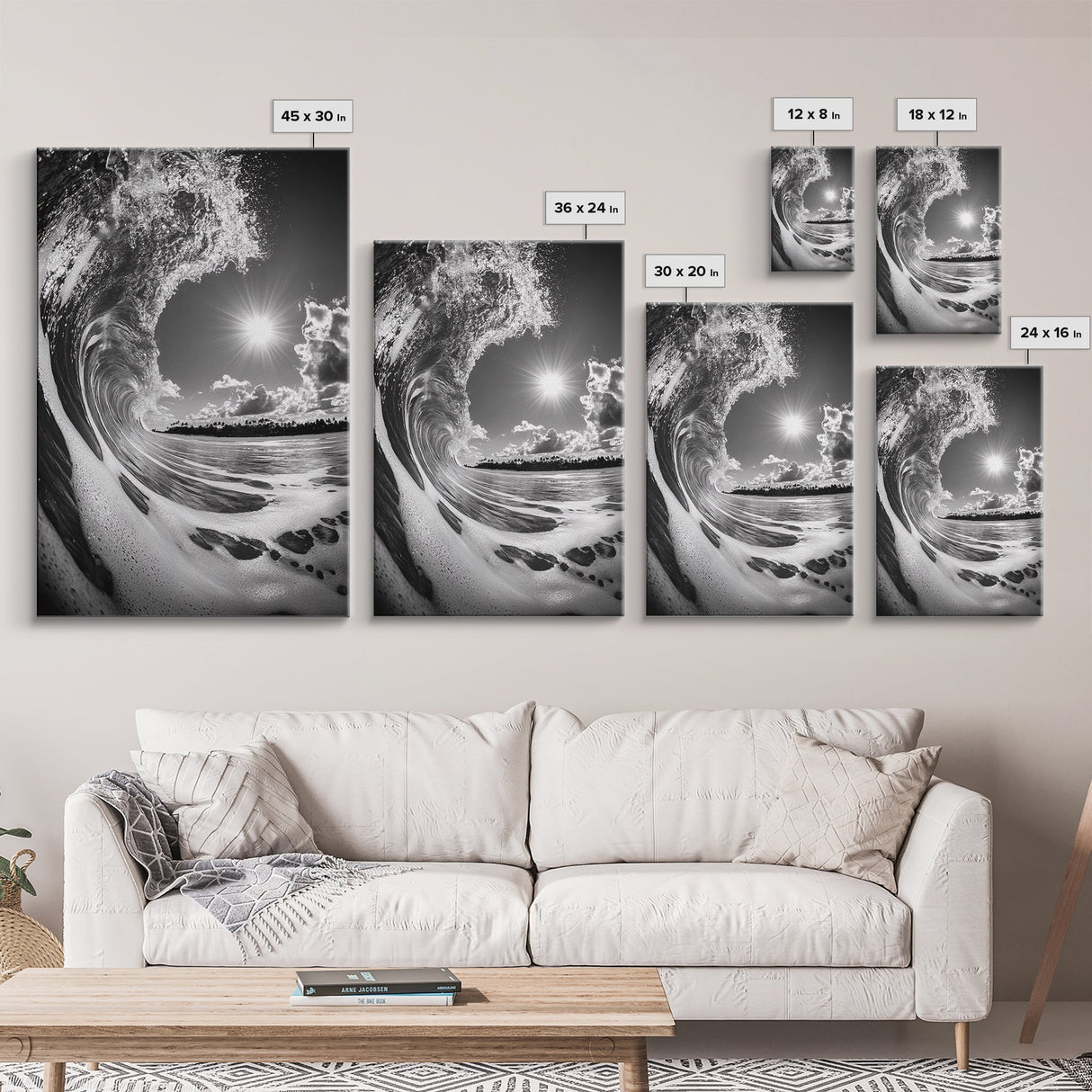 Wave Photography, Surfer Dream, Sea Curl Motion, Framed Canvas Print, Coastal Wall Art, Beach House Decor, Monochrome Ocean Style