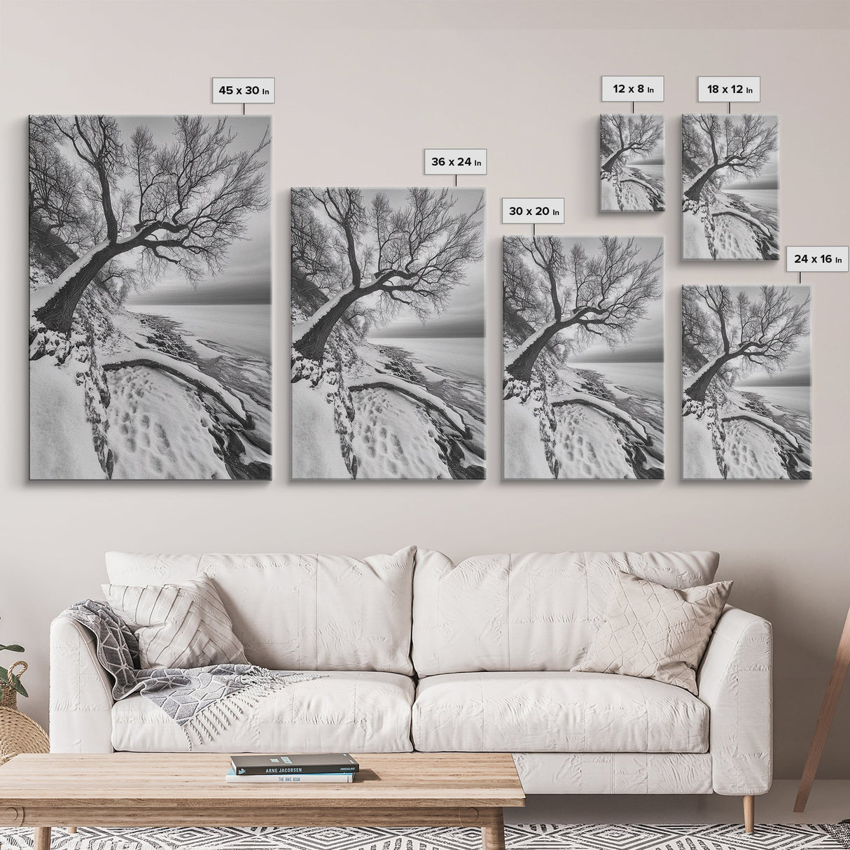 Coastal Snow, Barren Tree, Frozen Shoreline, Canvas Print, Serene Winter Decor, Entryway or Hallway Minimalist Wall Art