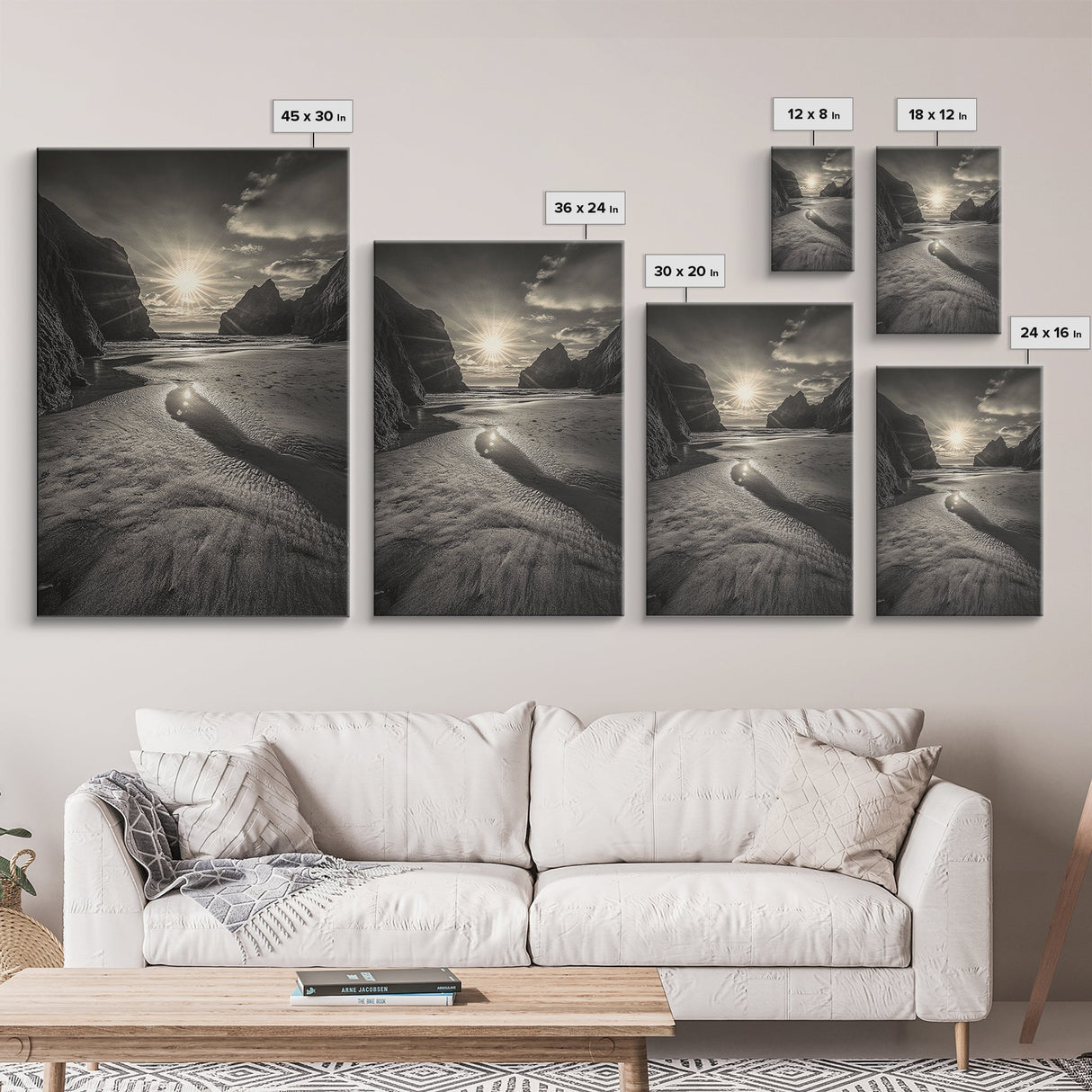 Secluded Beach, Sunset Glow, Reflected Light, Framed Canvas Print, Tranquil Ocean Wall Art, Modern Bedroom Decor, Zen Vibes