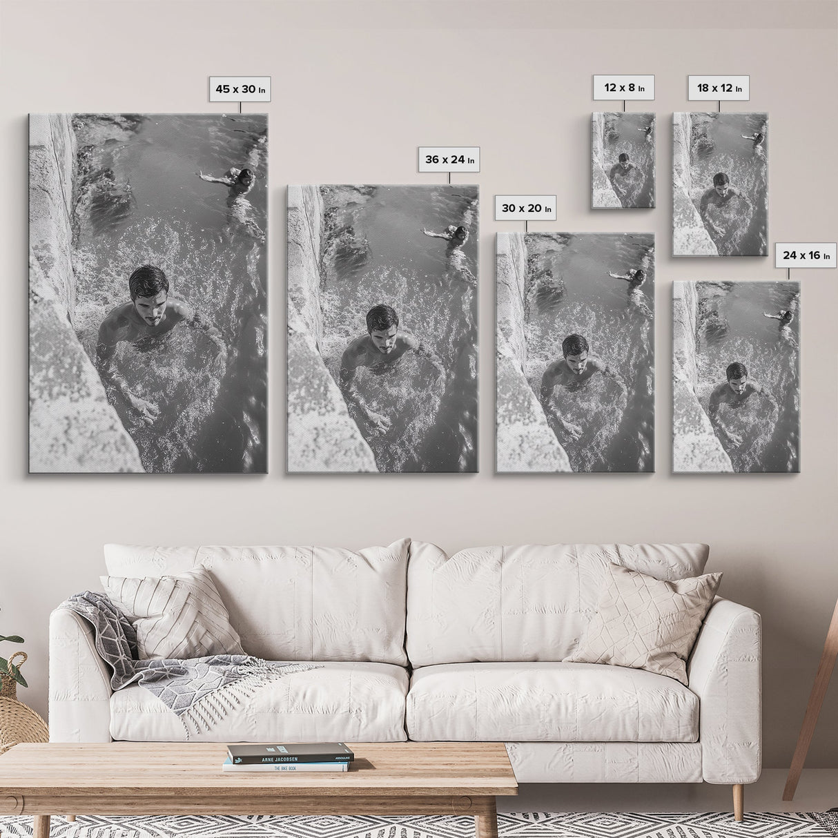 Swimmers, Summer Water, Beach Moment, Candid Photography, Framed Canvas Print, Bathroom Wall Art, Youthful Energetic Decor