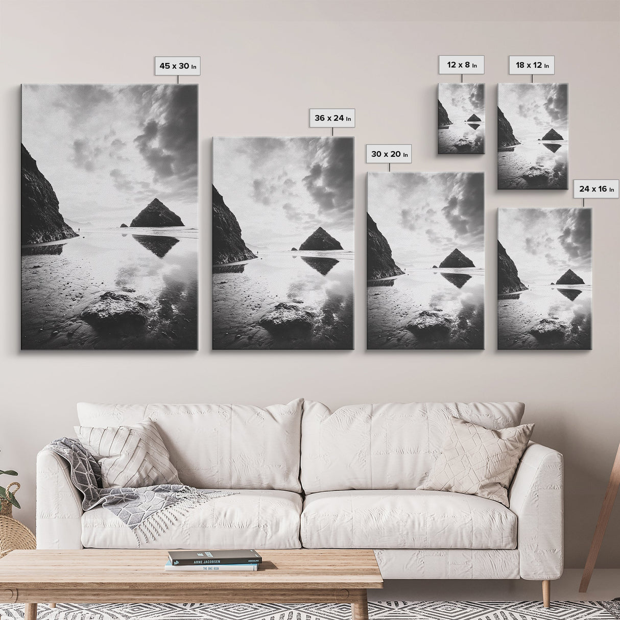 Remote beach reflection, lone hiker wanderlust, coastal rockscape, black white dreamscape, Framed Canvas Print, living room moody decor