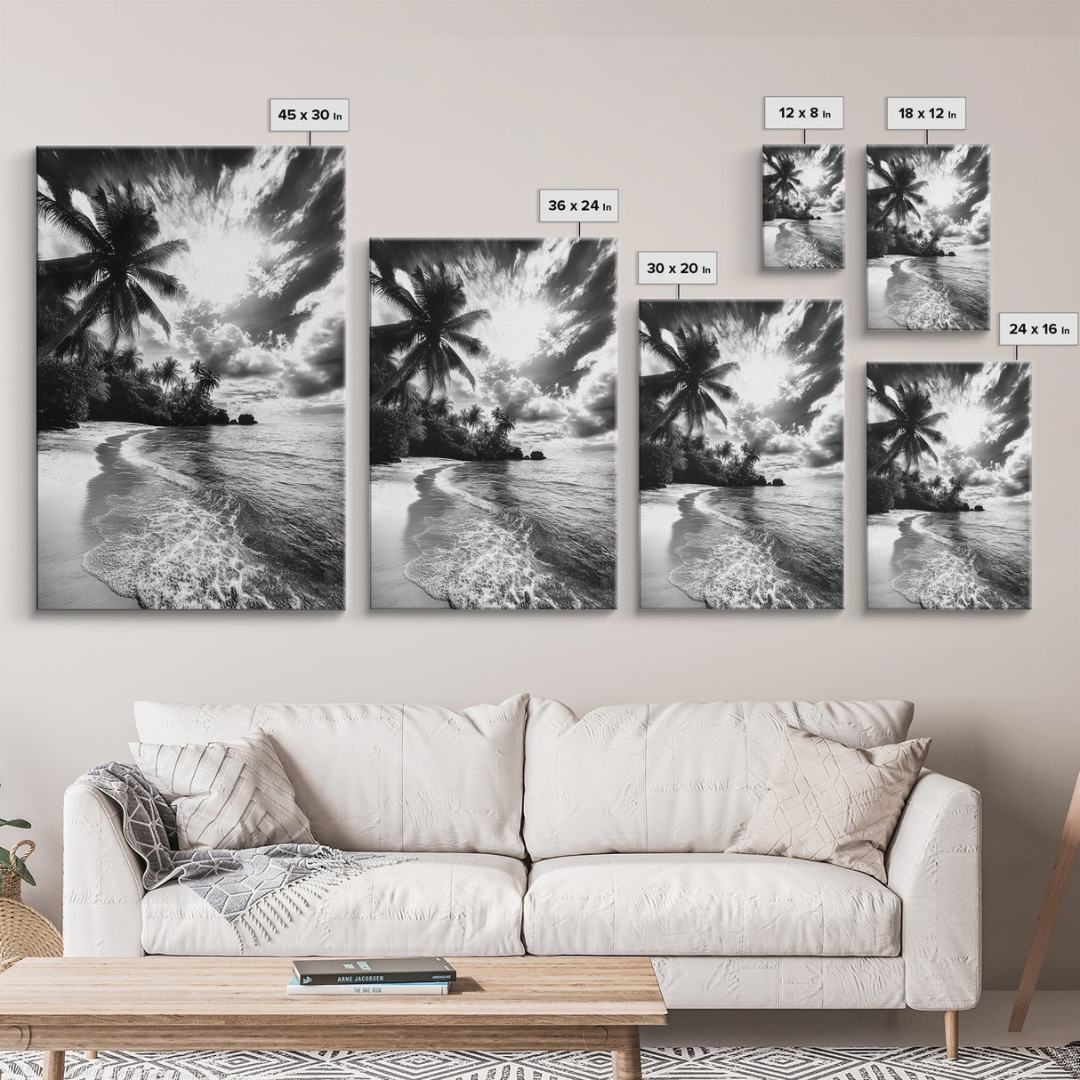 Tropical Sunset Beach, Palms and Waves, Cloudy Skies, Island Vibes, Framed Canvas Print, Coastal Wall Art, Beach House Decor