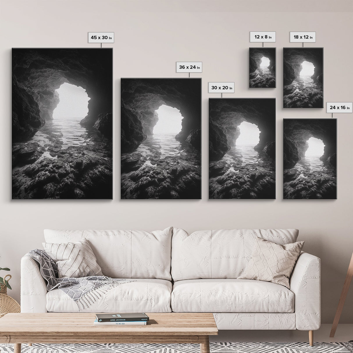 Sea Cave Entrance, Ocean Grotto, Light Escape, Rocky Tide, Canvas Print, Bathroom Wall Art, Black and White Seascape Photo