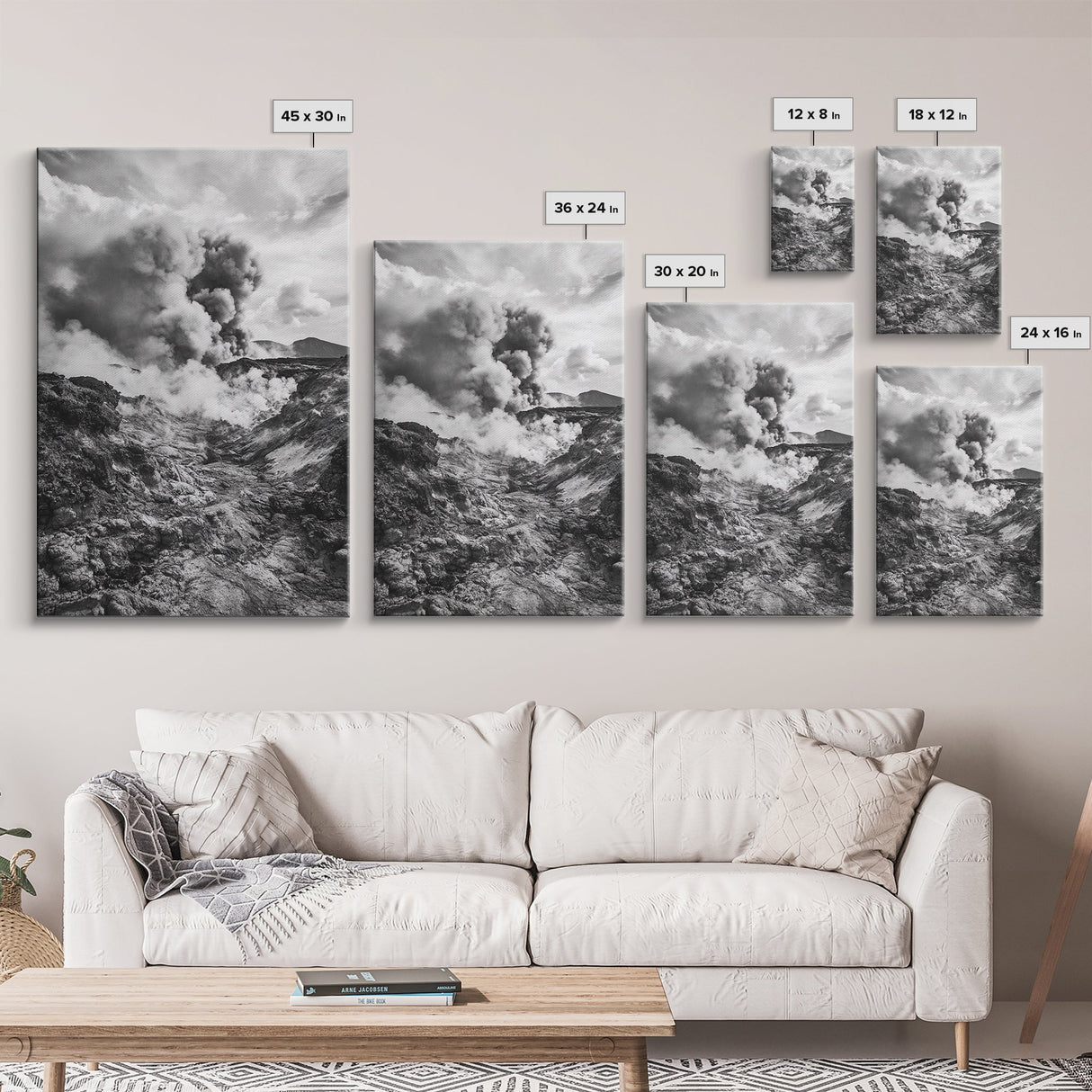 Volcanic Eruption Smoke, Lava Rocks, Earth Energy, Fiery Terrain, Framed Canvas Print, Office Wall Art, Dramatic Nature Landscape