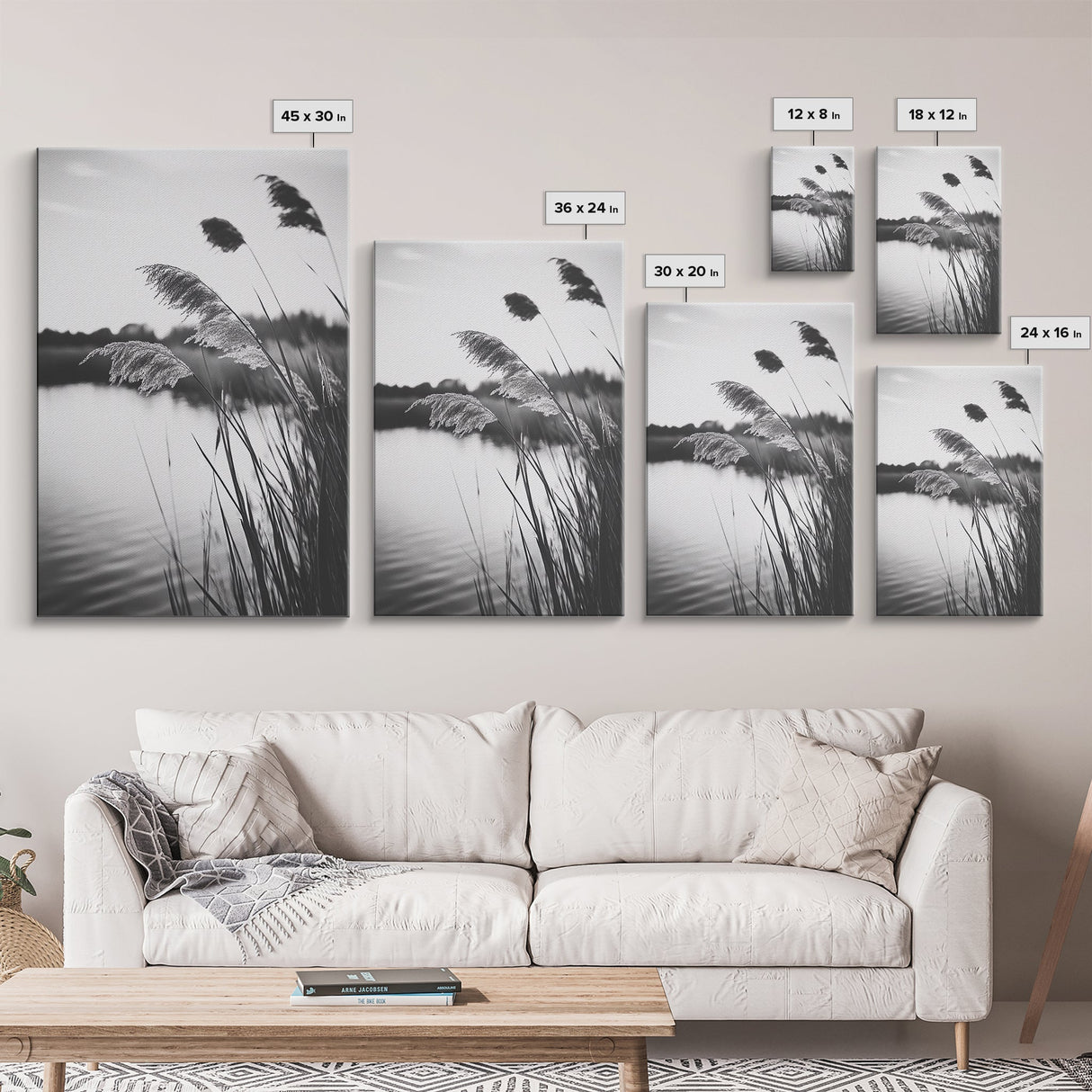 Reed Grass, Gentle Breeze, Black and White Nature, Canvas Print, Minimalist Wall Art, Tranquil Lake Scene, Bedroom Decor