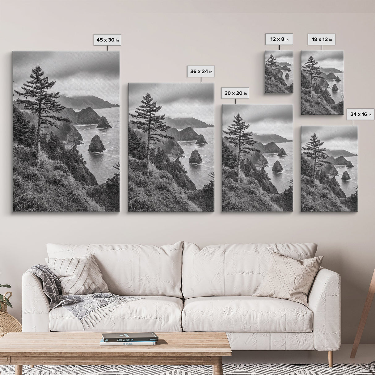 Oregon Coastline View, Misty Cliffs, Evergreen Forest, Coastal Vibes, Framed Canvas Print, Rustic Cabin Art, Living Room Wall Decor