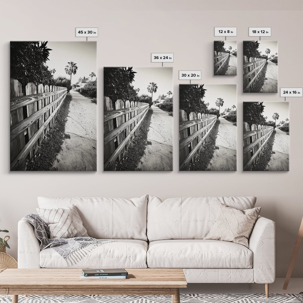 Palm Fence, California Pathway, Suburban Tranquility, Canvas Print, Outdoor Wall Art, Neutral Tones, Modern Minimalist Home Vibe