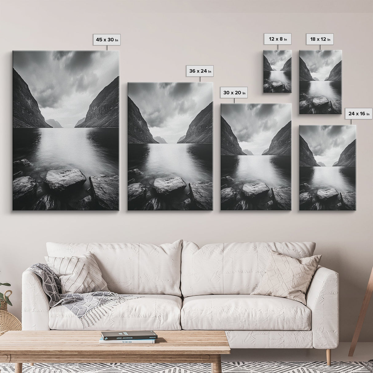Mountain Lake, Nordic Fjord, Moody Water, Framed Canvas Print, Minimalist Wall Art, Serene Living Room Decor, Monochrome Nature Scene