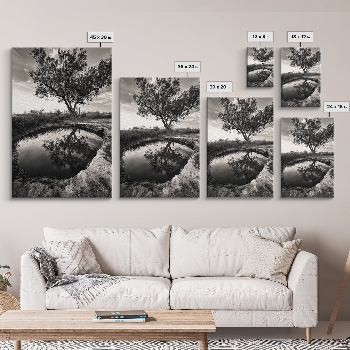 Tree Reflection, Still Water, Peaceful Nature, Framed Canvas Print, Tranquil Wall Art, Rustic Bedroom Decor, Black and White Photography