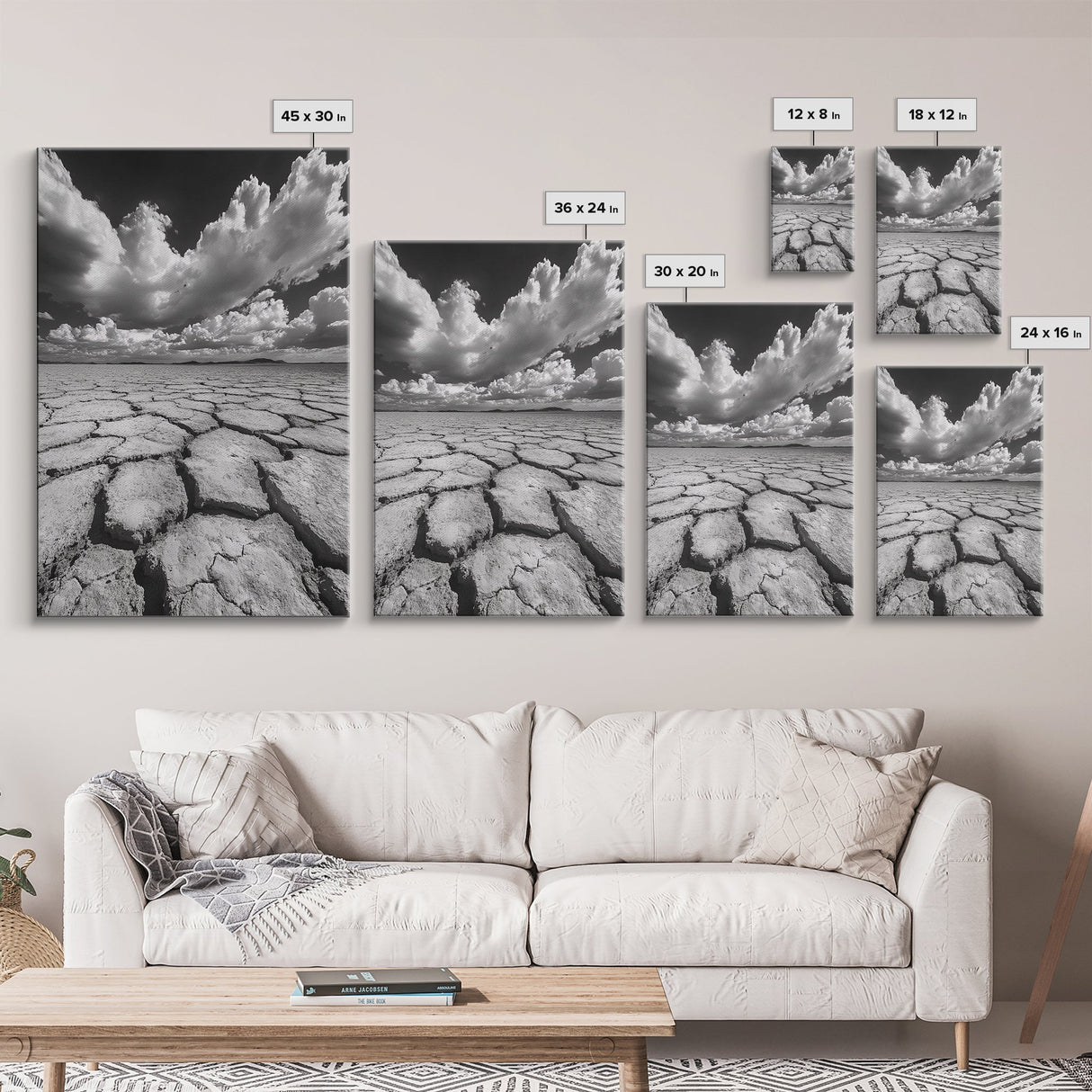 Cracked Earth, Storm Sky, Desert View, Framed Canvas Print, Dramatic Landscape Art, Modern Living Room Decor, Moody Minimalist Wall Art