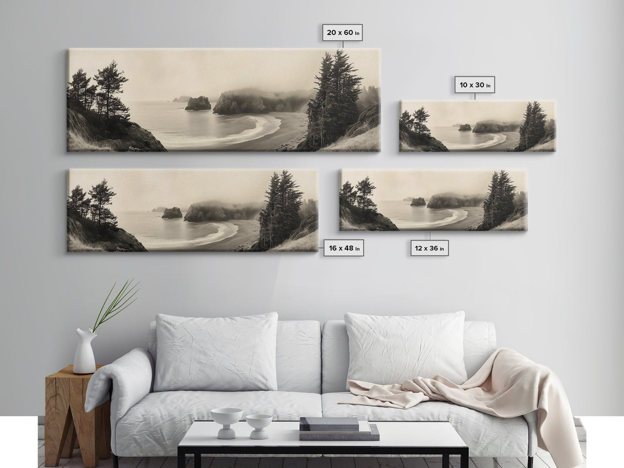 Misty Bay, Forested Coast, Moody Landscape, Serene Shoreline, Framed Canvas Print, Coastal Wall Art, Bedroom Decor, Earthy Tones
