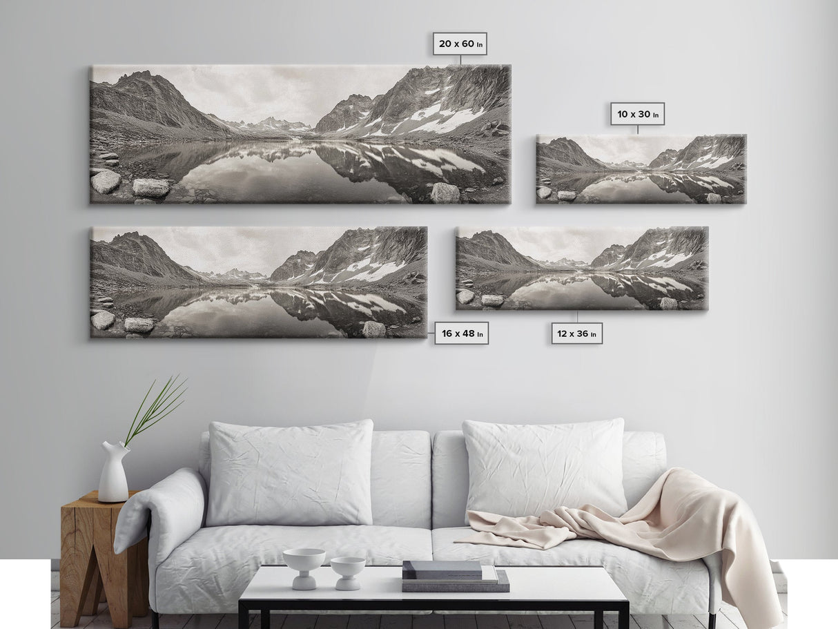 Alpine Reflection, Snowy Peaks, Tranquil Water, Framed Canvas Print, Nature Photography, Minimalist Wall Art, Bedroom or Office Decor