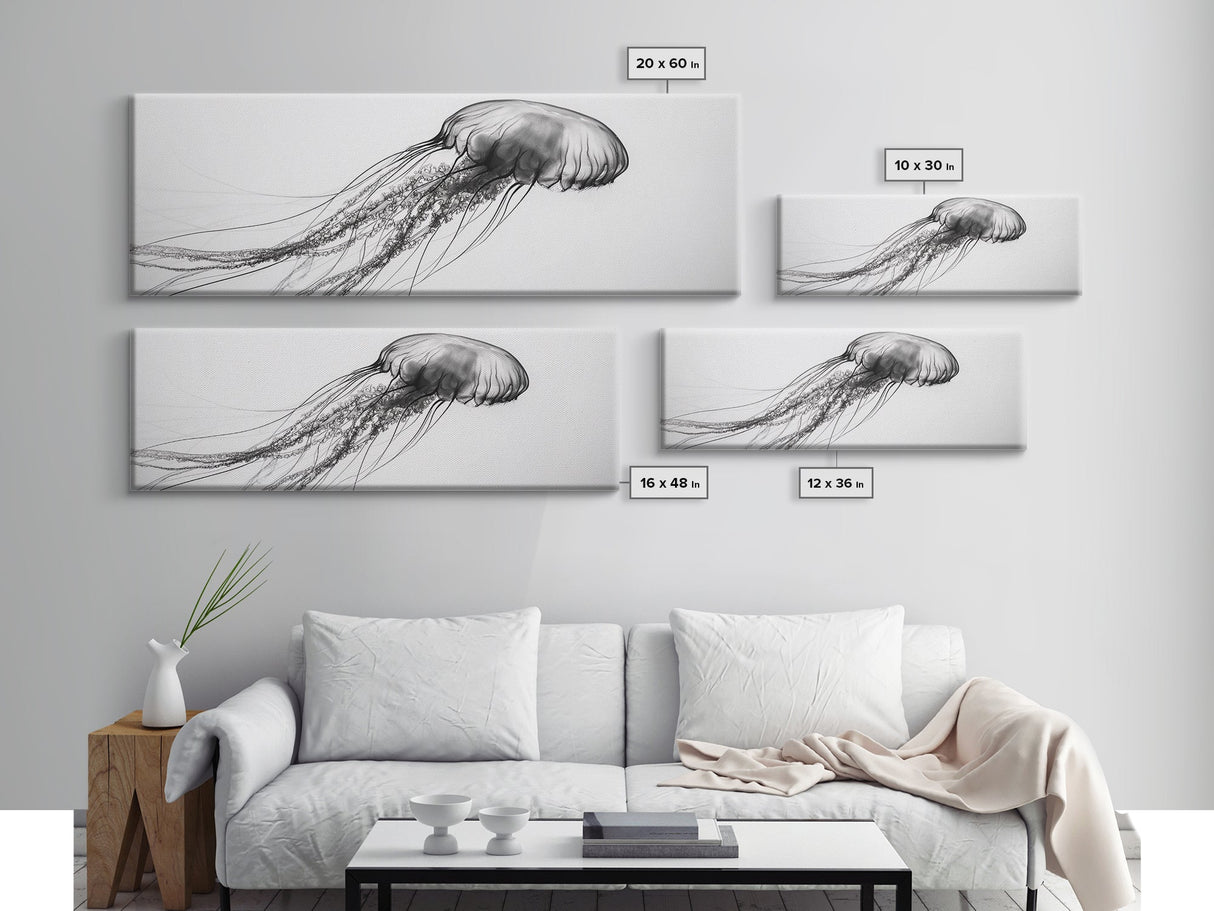 Jellyfish, Ocean Flow, Underwater Beauty, Canvas Print, Marine life wall decor, Coastal bathroom art, Minimalist ocean art, Black and white