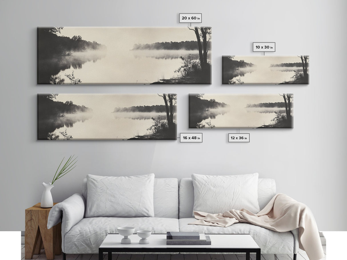 Misty River, Forest Reflection, Black and White Nature, Framed Canvas Print, Tranquil Decor, Bedroom Wall Art, Moody Minimalist Art