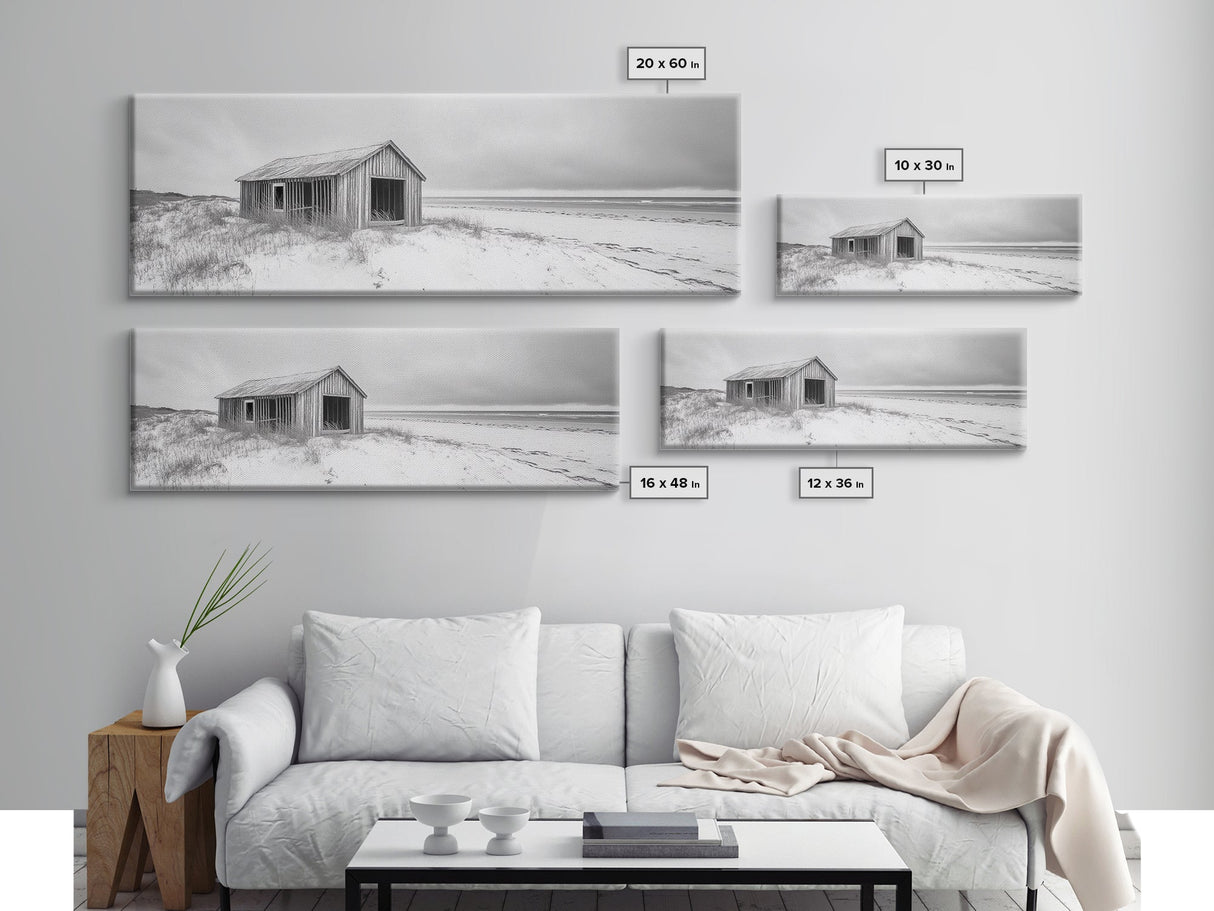 Abandoned Shack, Coastal Ruin, Weathered Barn, Ocean Horizon, Framed Canvas Print, Rustic Wall Art, Fall Decor, Minimal Seaside Aesthetic