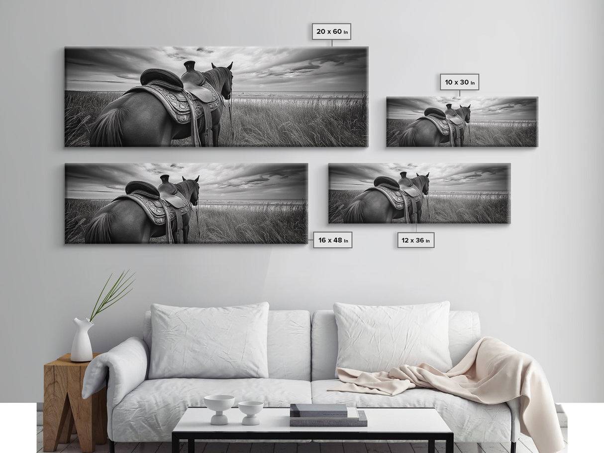 Western Horse Beach, Saddle Detail Horizon, Equestrian Art, Framed Canvas Print, Farmhouse Wall Art, Cowboy Country Decor