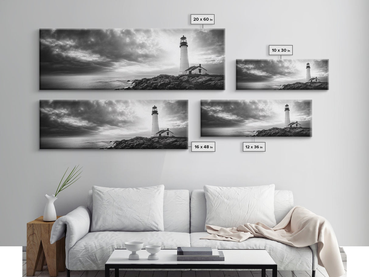 Dramatic Lighthouse Coast, Ocean Storm Horizon, Coastal Adventure, Framed Canvas Print, Living Room Wall Art, Nautical Fall Decor