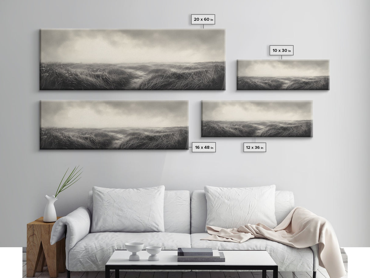 Foggy Path, Coastal Field, Silent Morning, Canvas Print, Neutral Bedroom Art, Scandinavian Style, Minimal Fall Wall Decor