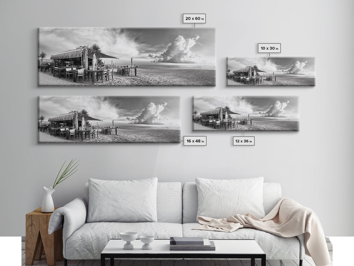 Seaside Bar, Beach Café, Oceanfront Dining, Cloudy Sky, Framed Canvas Print, Kitchen Wall Art, Black and White Tropical Art, Travel Decor