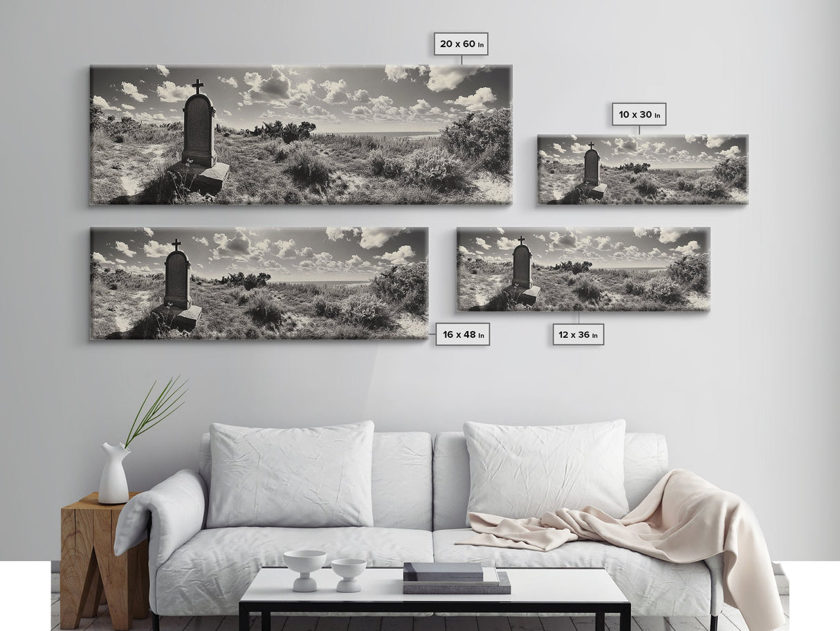 Coastal Tombstone, Sacred Landscape, Ocean Horizon, Graveyard Scene, Framed Canvas Print, Fall Living Room Decor, Moody Historical Art