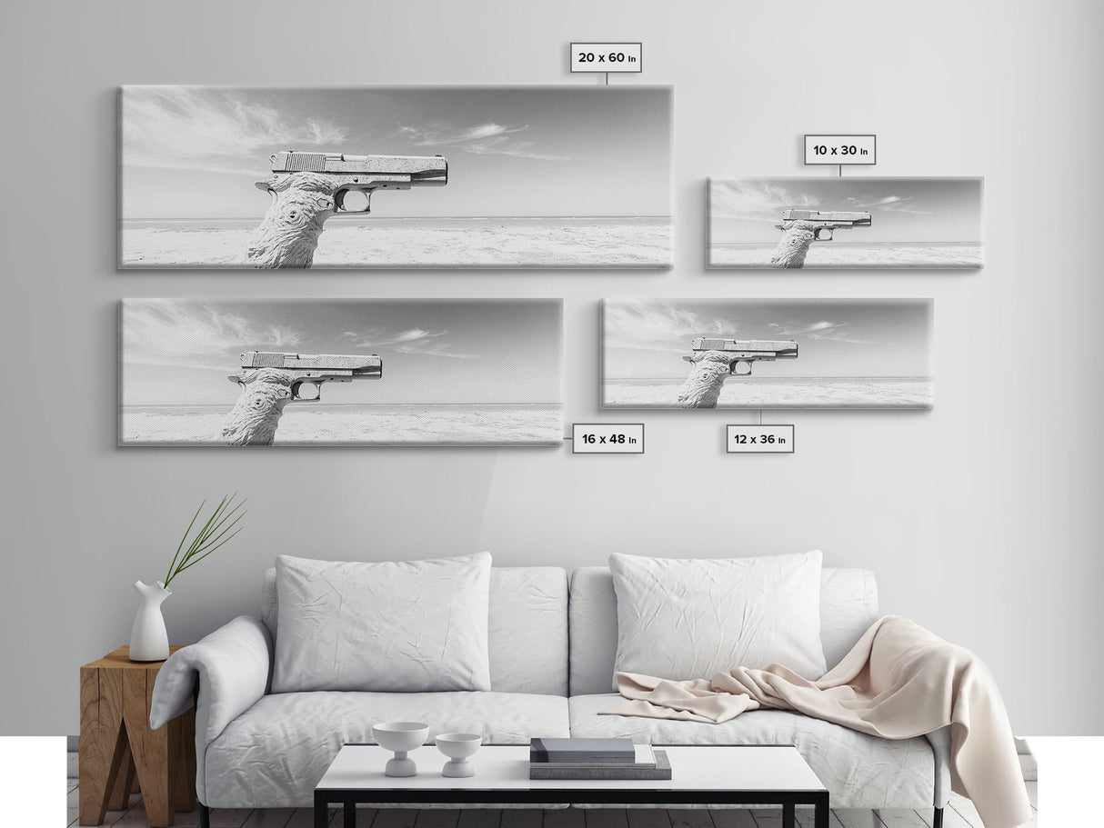 Desert Gun, Driftwood Grip, Coastal Surreal, Canvas Print, Minimalist Wall Art, Western Decor, Modern Living Room Art, Black and White Photo