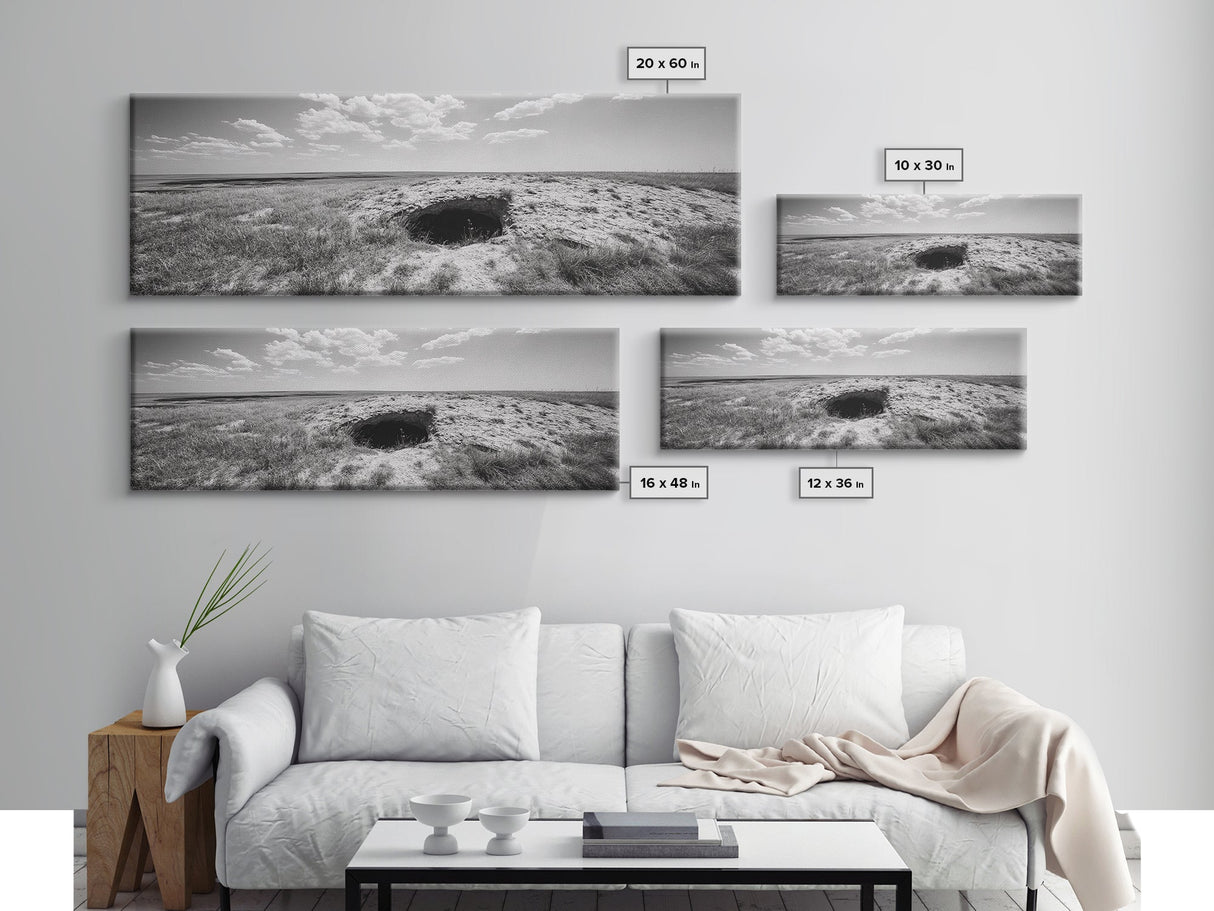 Prairie Cave, Windy Plains, Nature Escape, Canvas Print, Rustic Wall Art, Earthy Decor, Bedroom Accent, Black and White Landscape