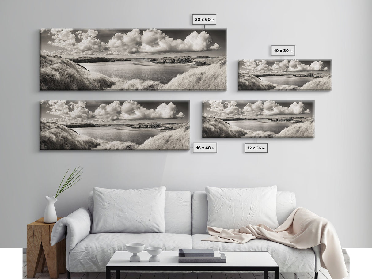 Misty Lake, Peaceful Shore, Cloud Reflections, Canvas Print, Black and White Nature Art, Coastal Landscape, Bedroom Wall Art, Minimalist Decor