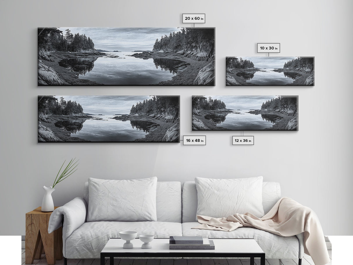 Forest Inlet, Calm Waters, Rocky Shore, Framed Canvas Print, Pacific Northwest Wall Art, Neutral Decor, Nature Photography, Rustic Vibes