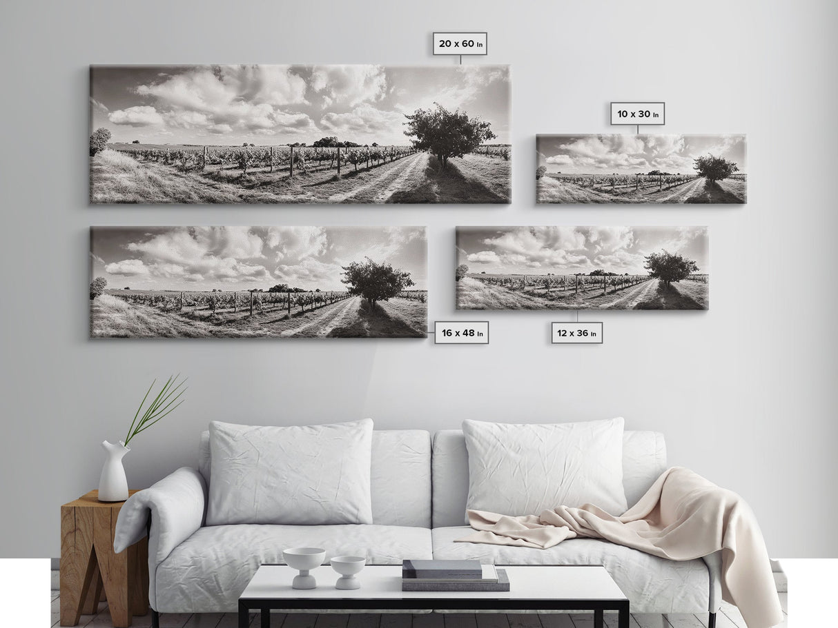 Vineyard Rows, Sunny Fields, Cloudy Sky, Canvas Print, Rustic Country Decor, Dining Room Wall Art, Wine Country Landscape, Farmhouse Style
