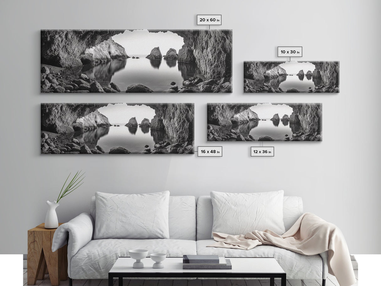 Sea Cave View, Ocean Reflections, Nature Escape, Framed Canvas Print, Beach House Wall Art, Zen Decor, Black and White Coastal Style