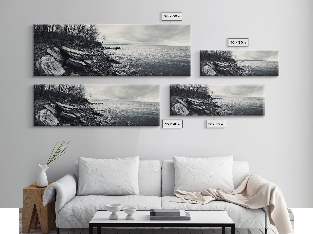 Misty Coast, Rocky Shore, Moody Seascape, Framed Canvas Print, Coastal Wall Art, Nature Photography, Rustic Bedroom Decor, Cabin Style