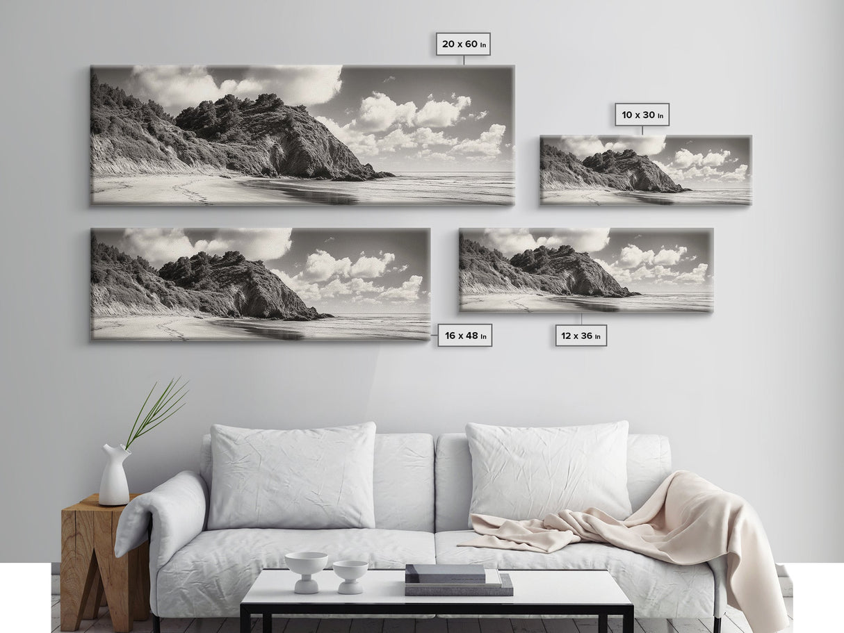 Seaside Cliff, Pine Hills, Sandy Beach, Canvas Print, Coastal Landscape Art, Modern Nature Decor, Beach House Living Room Style