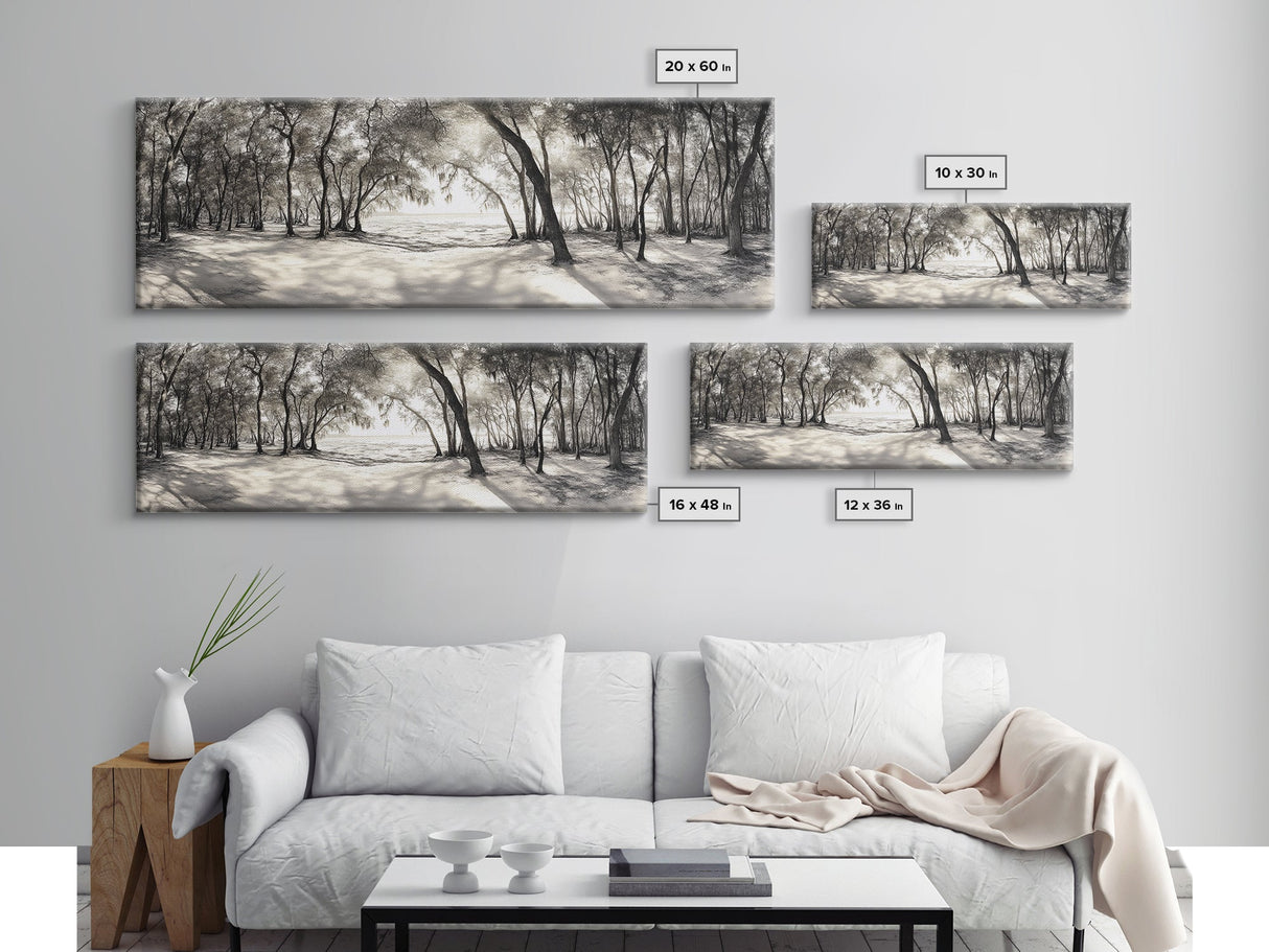 Dreamy Beach Forest, Sepia Trees, Canvas Print, Nature Wall Decor, Fall Bedroom Art, Rustic Woodland Landscape, Tree Shadow Light