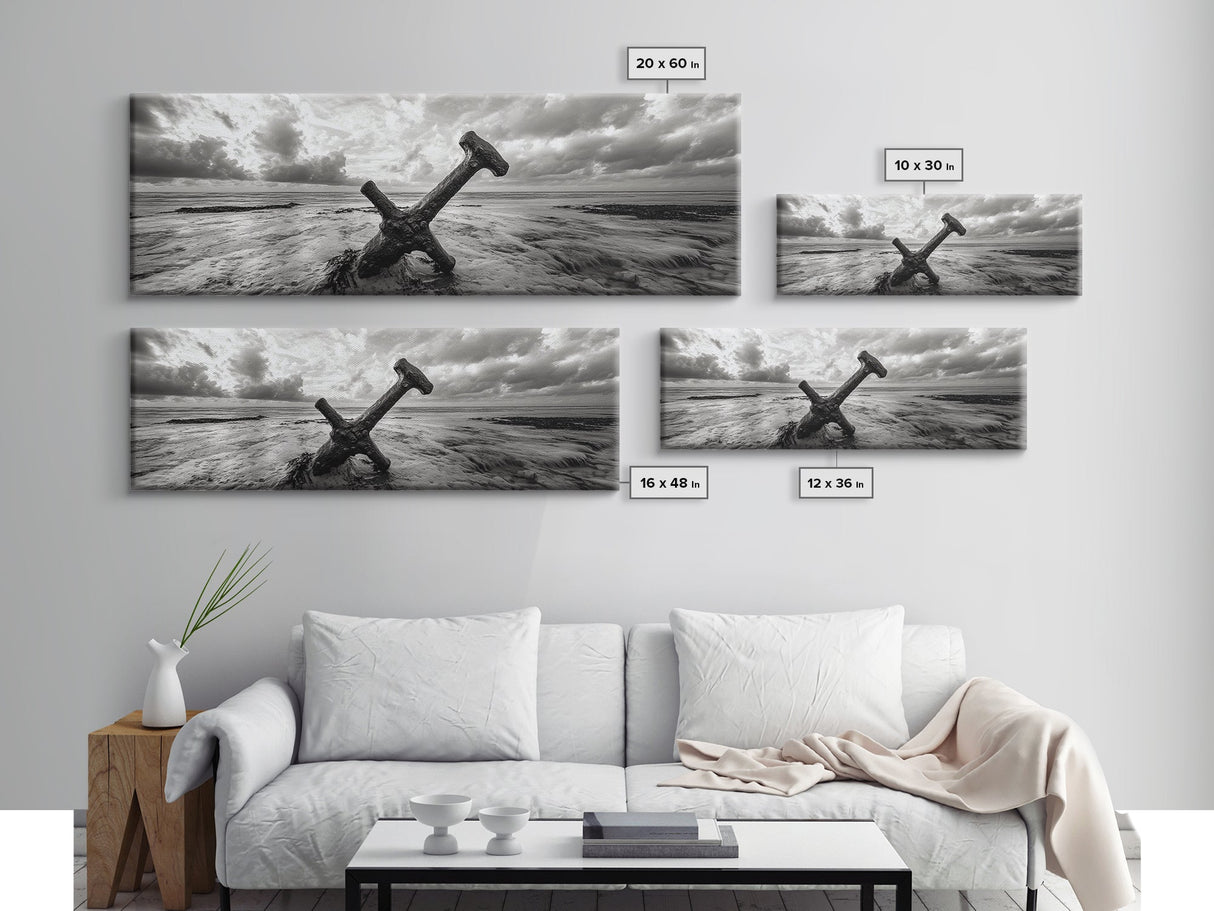 Seaside Iron Anchor, Rustic Beach Print, Nautical Ocean Art, Framed Canvas Print, Moody Wall Decor, Coastal Living Room Art