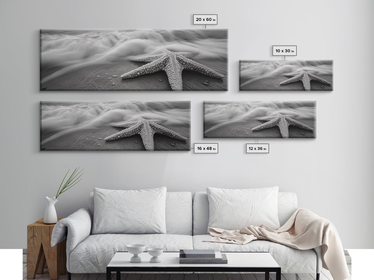 Starfish Closeup, Ocean Wave Motion, Coastal Macro Scene, Framed Canvas Print, minimalist beach decor, bathroom wall art, nautical vibe