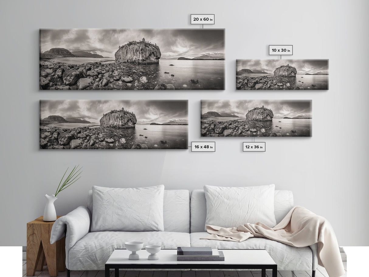 Island Shoreline, Rocky Coast View, Monochrome Nature, Framed Canvas Print, coastal kitchen decor, moody mountain beach wall art
