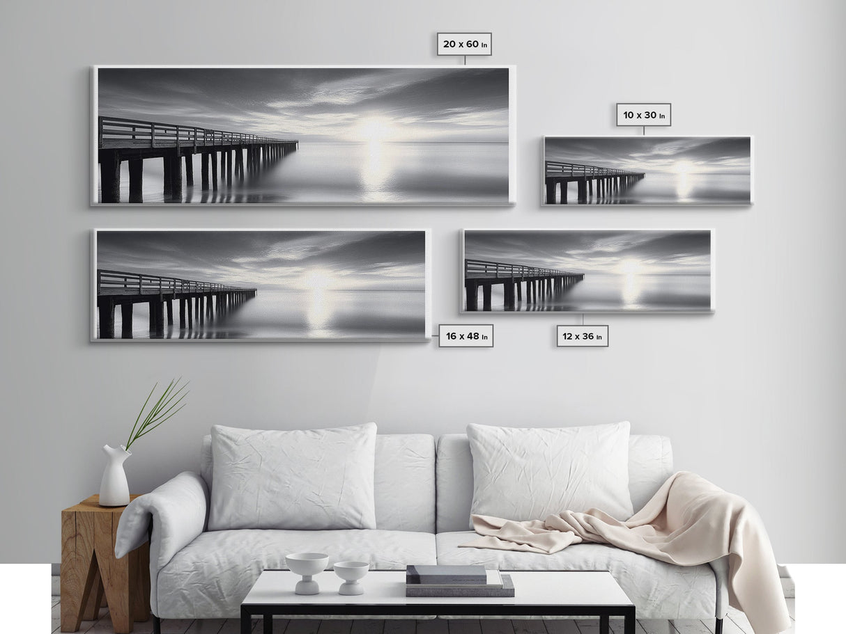 Ocean Pier, Tranquil Horizon, Serene Seascape, Framed Canvas Print, black and white beach wall art, bedroom coastal minimalism
