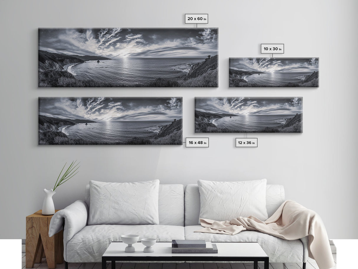 Cloudy Horizon, Wide Ocean View, Coastal Cliffs, Framed Canvas Print, dramatic seascape wall art, coastal kitchen decor, black and white