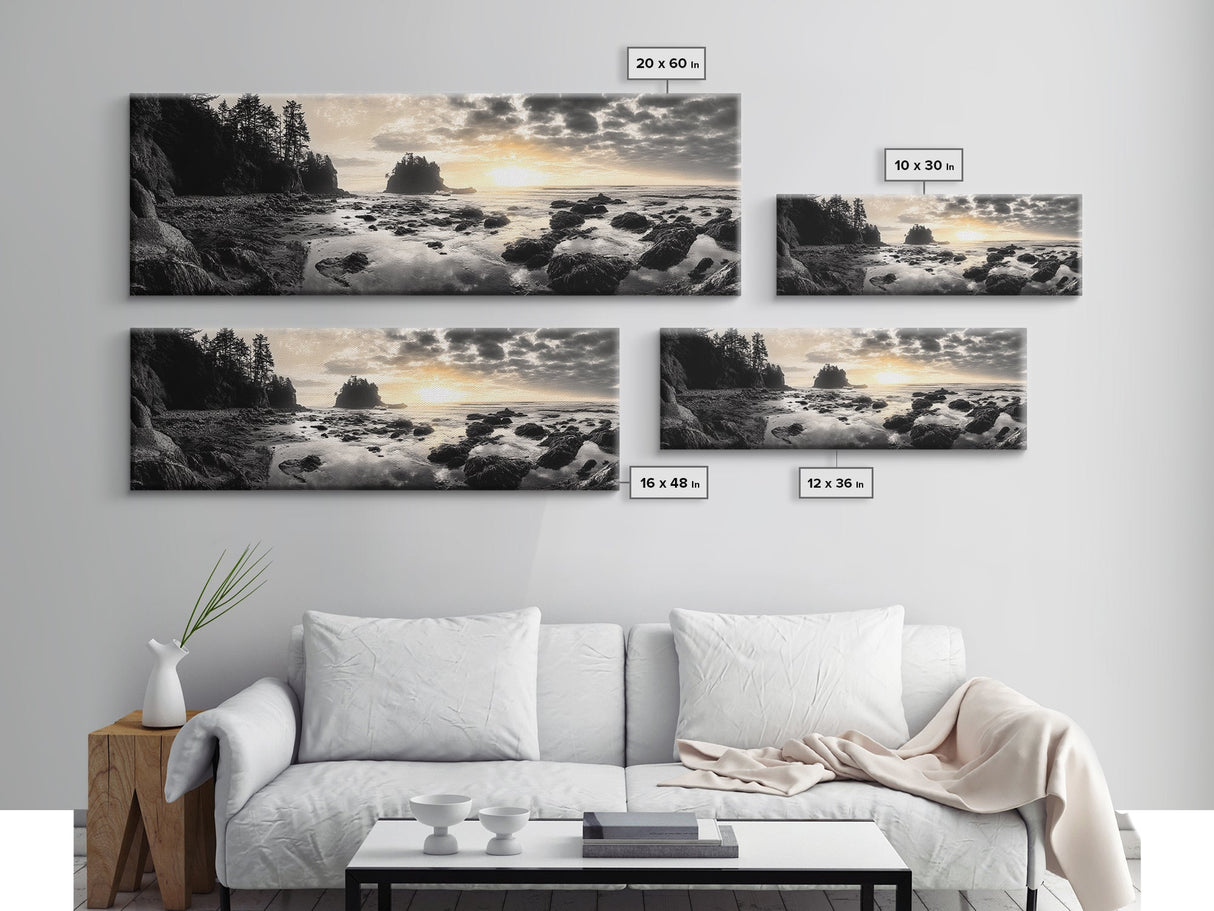 Sunset Shoreline, Moody Rocks, Forested Coast, Framed Canvas Print, nature lover gift, fall coastal art, rustic bathroom wall decor