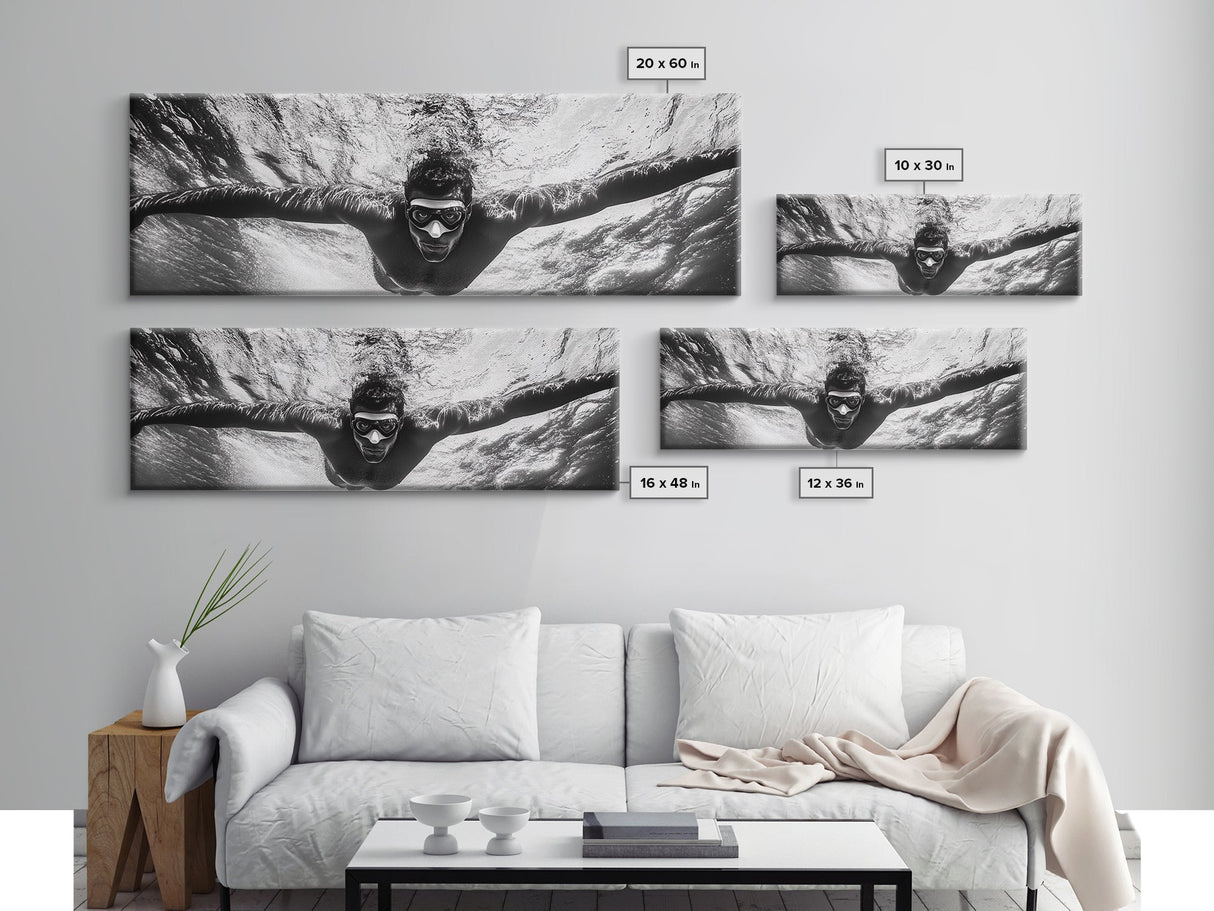 Underwater Swim, Black White Diver, Ocean Exploration, Canvas Print, modern bathroom wall art, sporty fitness vibe, minimalist ocean style