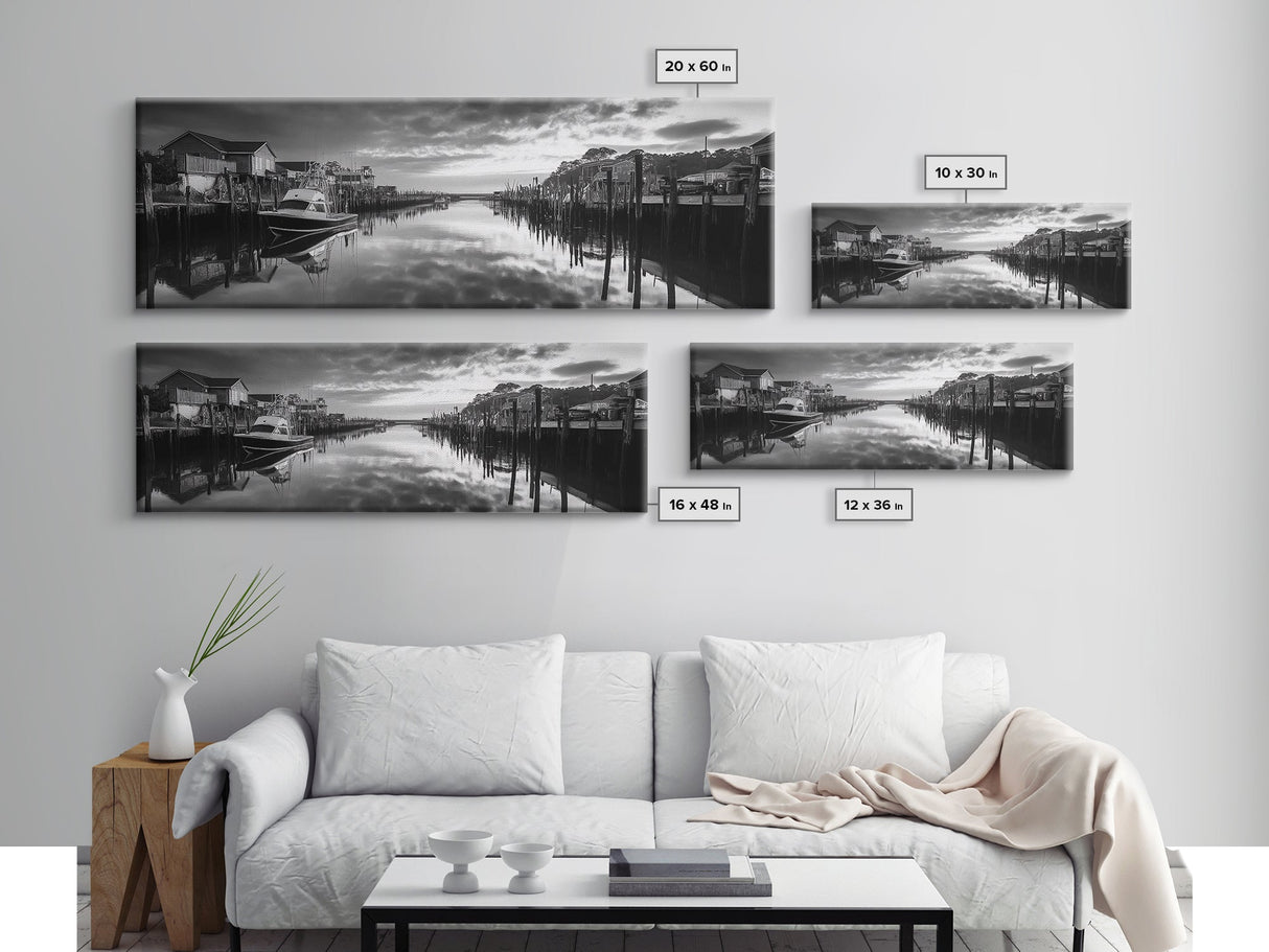 Fishing Dock, Quiet Marina, Waterside Village, Canvas Print, Nautical Wall Art, Lake House Decor, Black and White Photography
