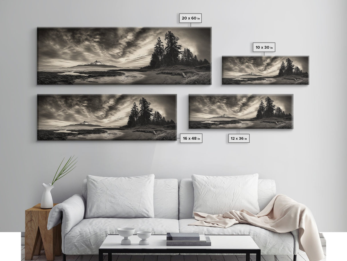 Mountain Shoreline, Stormy Sky, Forest Edge, Canvas Print, Wilderness Landscape Art, Cabin Decor, Moody Nature Photography