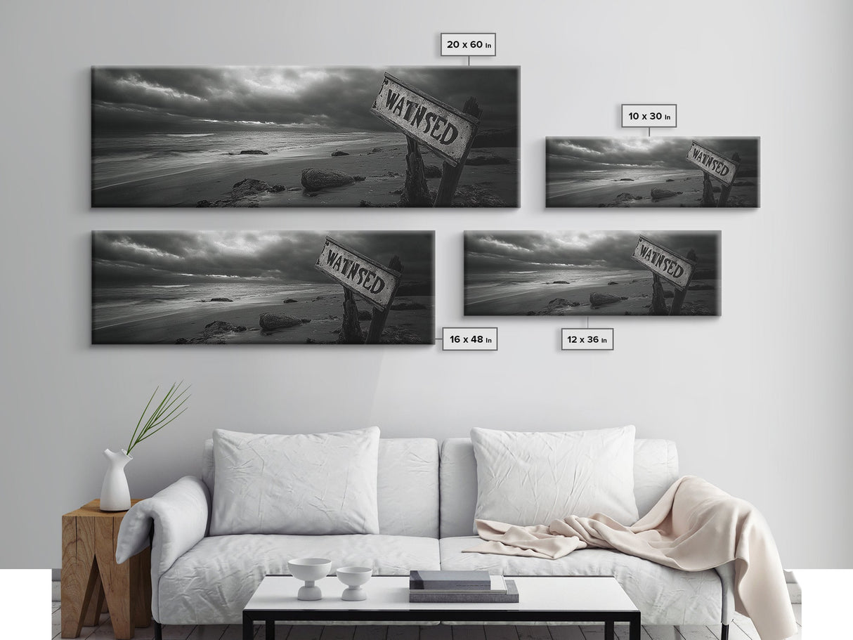 Stormy Beach, Weathered Sign, Moody Ocean, Black and White Photography, Framed Canvas Print, Coastal Gothic Wall Art, Autumn Decor