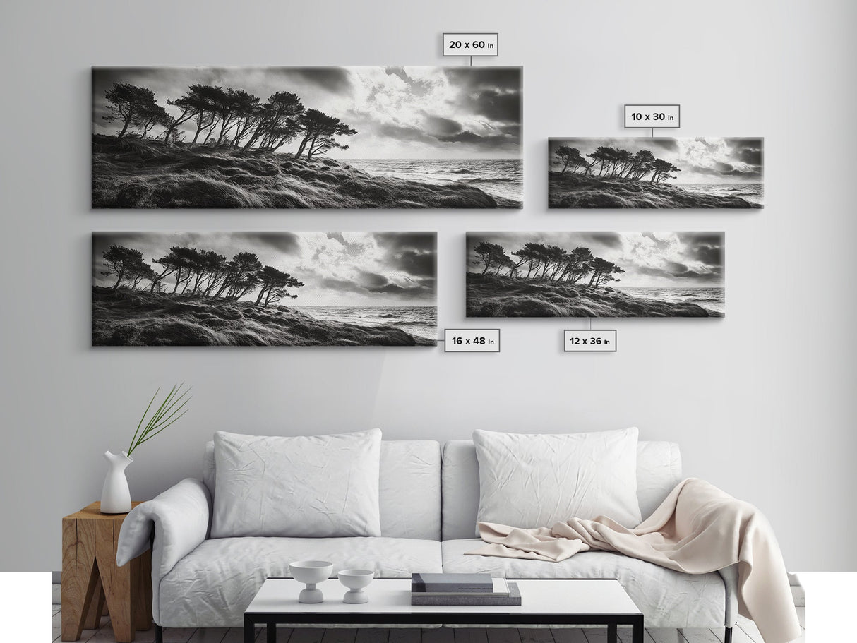 Windswept Pines, Stormy Sea, Moody Coastal Scene, Framed Canvas Print, Rustic Nature Decor, Bedroom Wall Art, Autumn Vibes