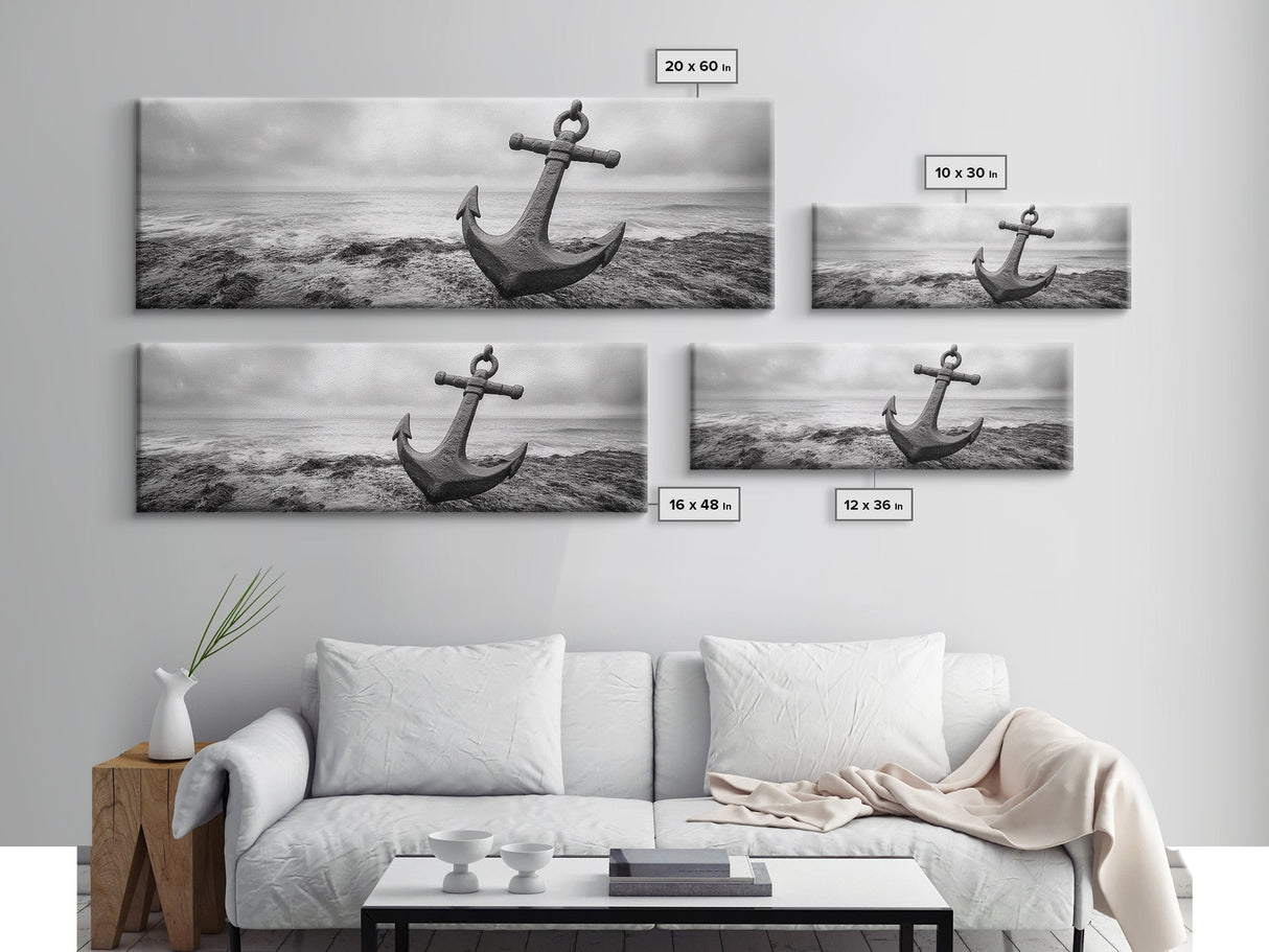 Anchor Shore, Ocean Symbol, Coastal Rust, Nautical Fog, Framed Canvas Print, Bathroom Decor, Marine Wall Art, Minimalist Nautical Style