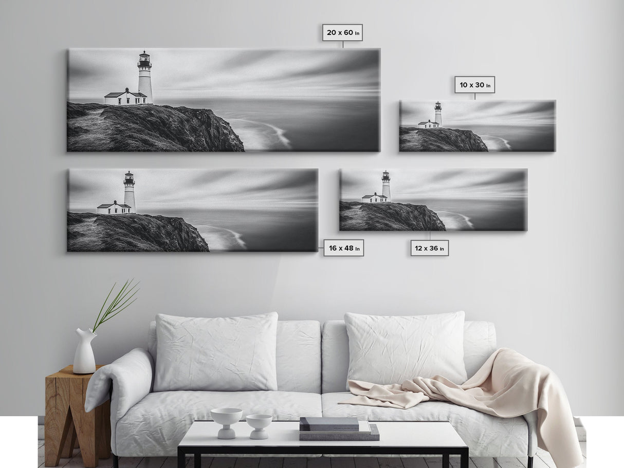 Lighthouse Serenity, Coastal Fog, Ocean Horizon, Canvas Print, Black and White Decor, Office Wall Art, Nautical Theme, Moody Photography
