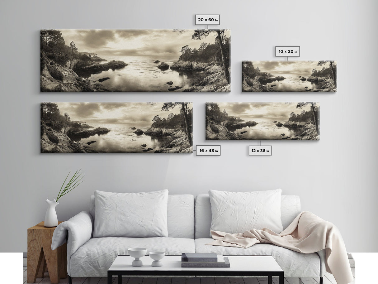 Hidden Cove Sunset, Rocky Seascape, Coastal Tranquility, Framed Canvas Print, Forest Edge, Moody Living Room Wall Art, Seaside Escape