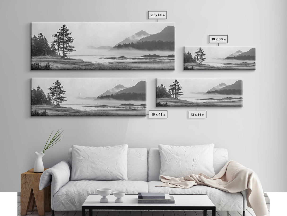 Foggy River Valley, Evergreen Mountains, Morning Mist Landscape, Framed Canvas Print, Tranquil Bedroom Art, Nature Inspired Decor