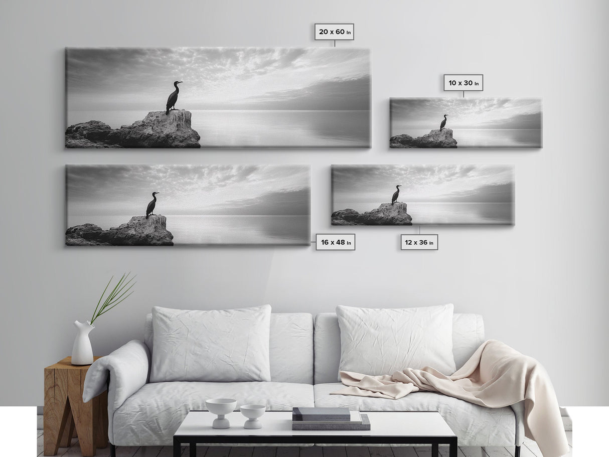 Solitary Bird, Ocean Rock, Minimalist Seascape, Canvas Print, Peaceful Wall Art, Zen Decor, Black and White Living Room Accent