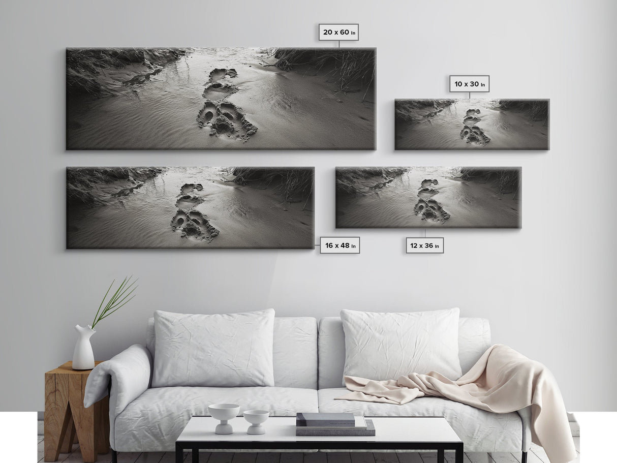 Footprints in Sand, Nature Pathway, Tranquil Stream, Framed Canvas Print, Mindful Journey Art, Rustic Entryway Wall Photography